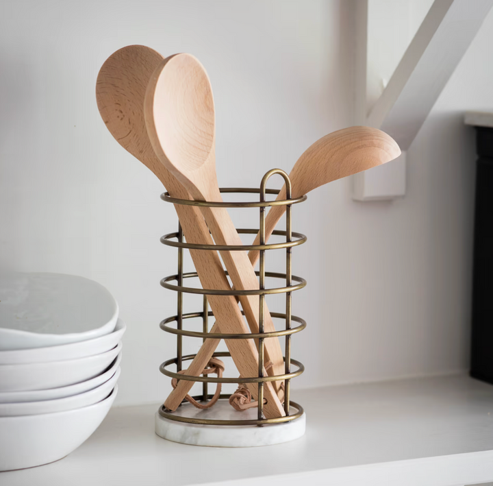 Utensil Holder - Antique Brass &amp; Marble