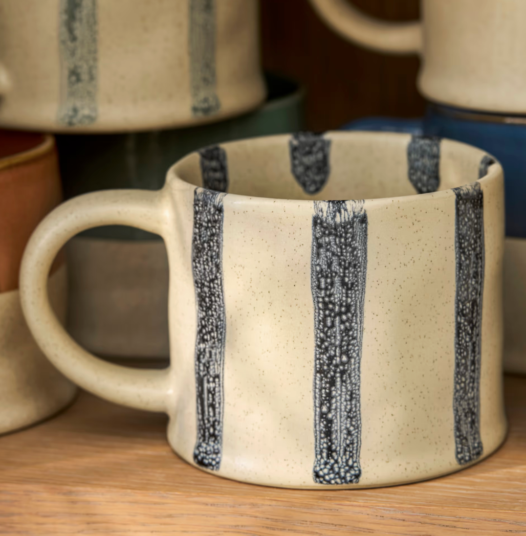 Set Of 2 Striped Stoneware Mugs - Ink Blue