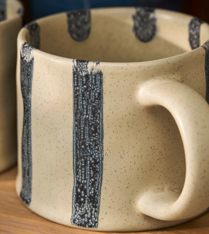 Set Of 2 Striped Stoneware Mugs - Ink Blue