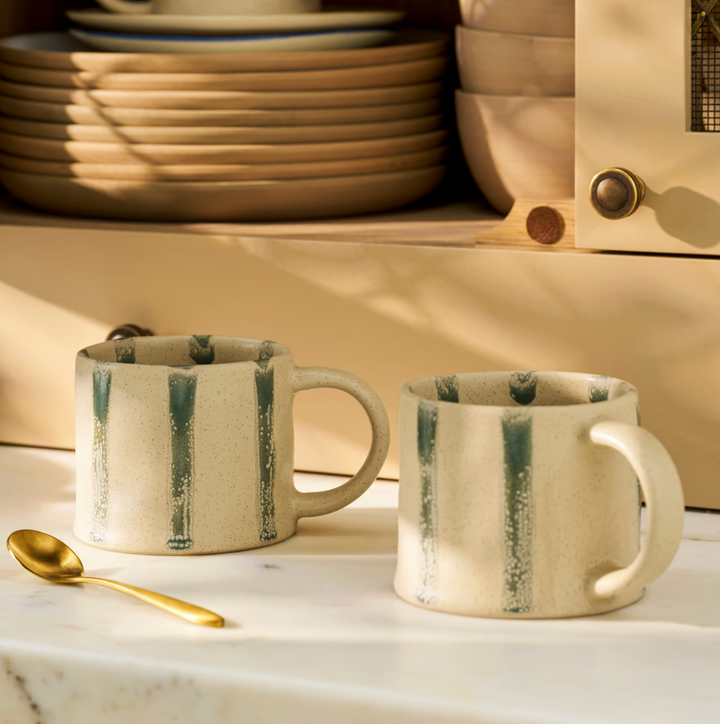 Set Of 2 Striped Stoneware Mugs - Rosemary Green