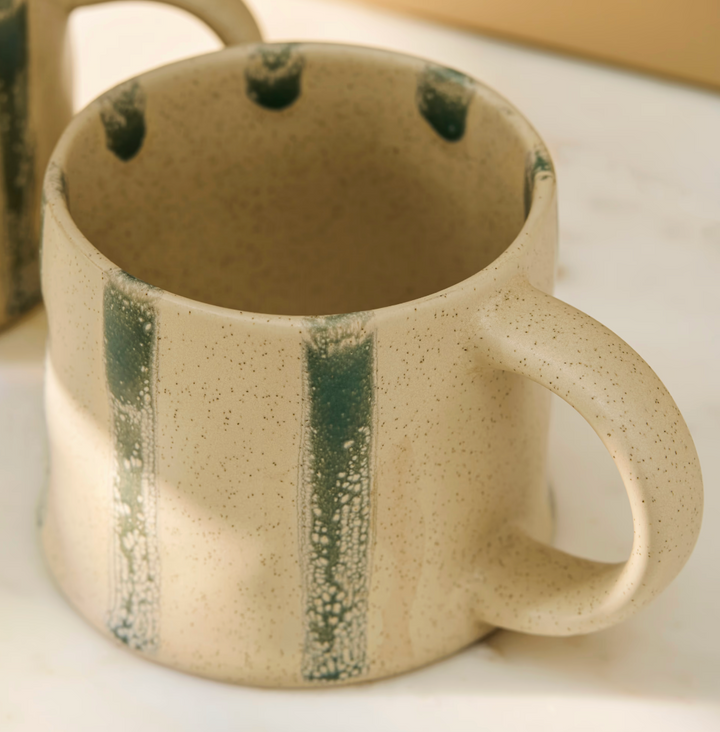 Set Of 2 Striped Stoneware Mugs - Rosemary Green