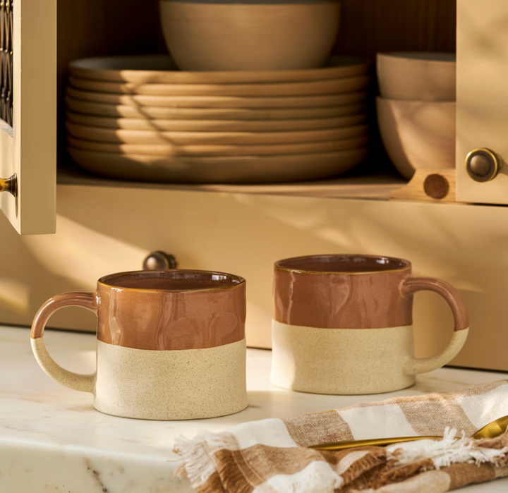 Set Of 2 Half Glazed Stoneware Mugs - Terracotta