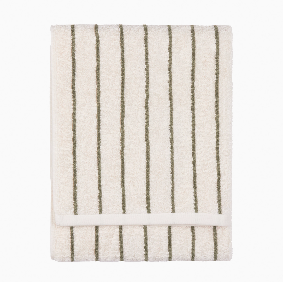 Narrow Stripe Cotton Hand Towel - Olive Green