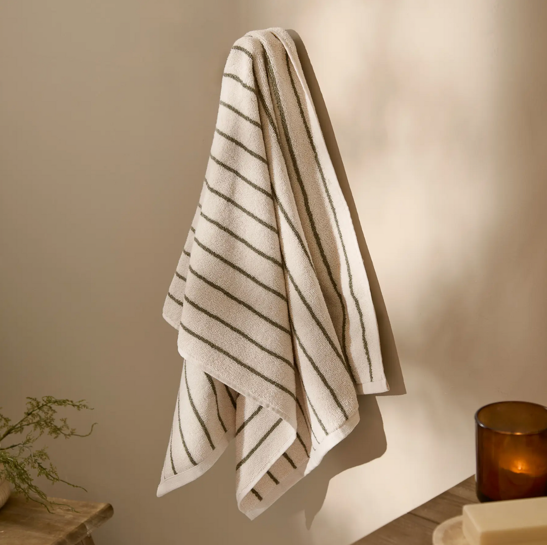 Narrow Stripe Cotton Hand Towel - Olive Green