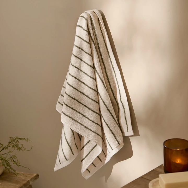 Narrow Stripe Cotton Hand Towel - Olive Green