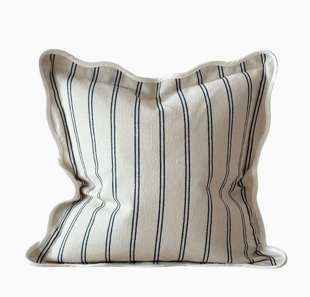 Navy Blue &amp; Cream Nautical Striped Scalloped Edge Cushion Cover (45x45cm)