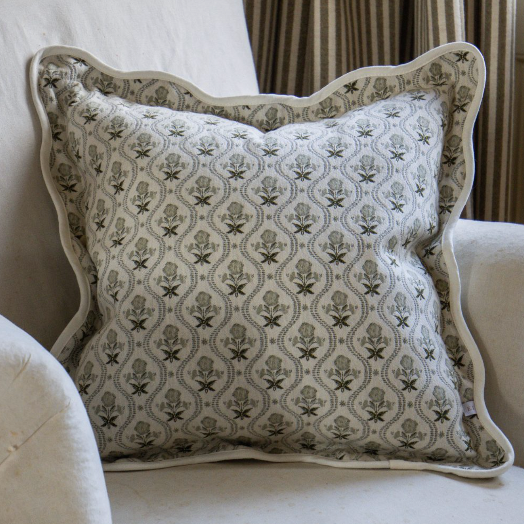 Sage Green &amp; Cream Floral Scalloped Edge Cushion Cover (45x45cm)