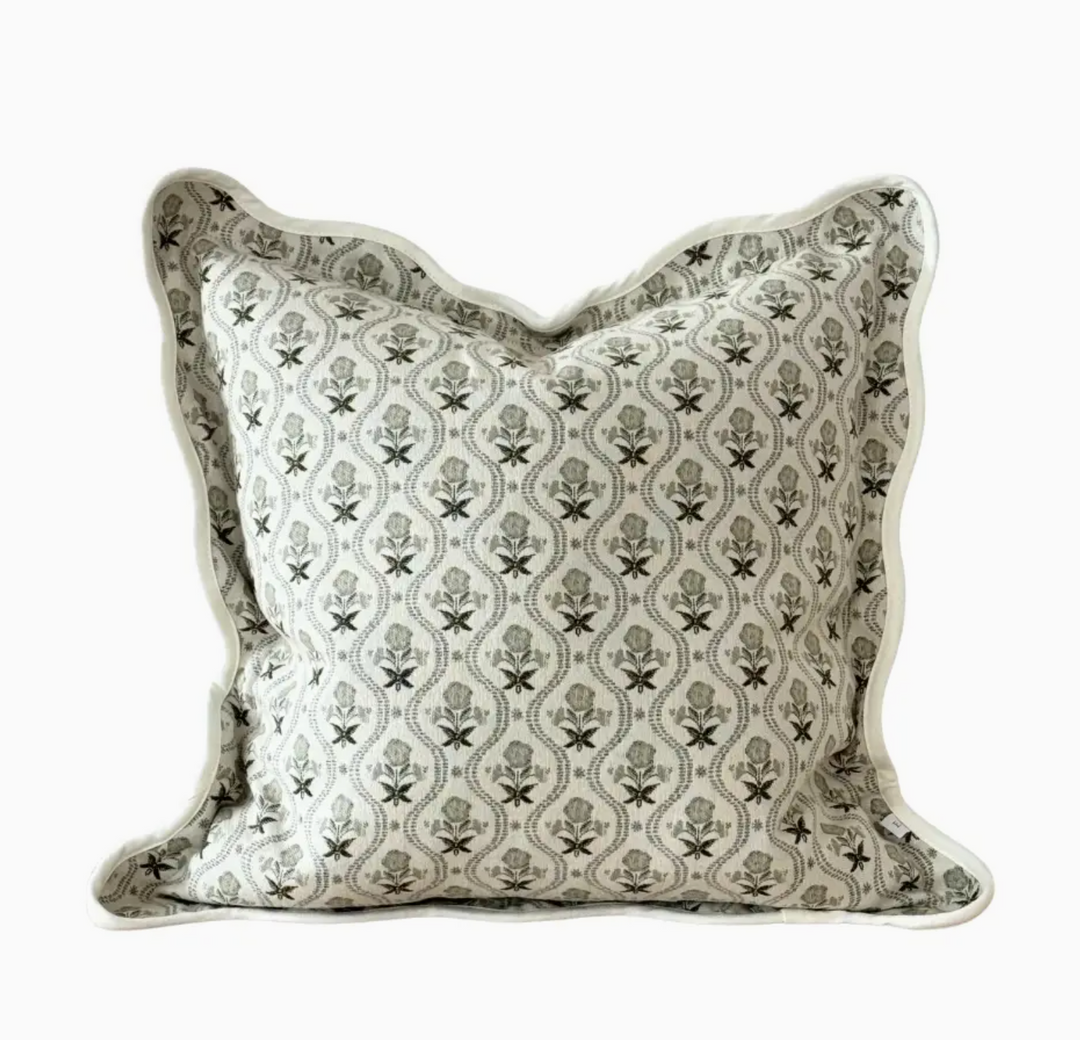 Sage Green &amp; Cream Floral Scalloped Edge Cushion Cover (45x45cm)