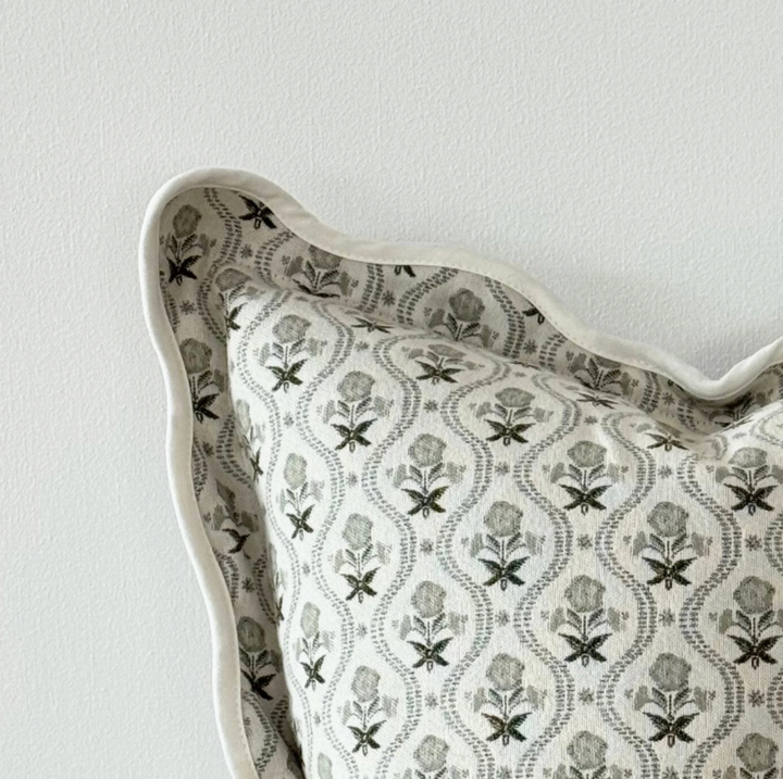 Sage Green &amp; Cream Floral Scalloped Edge Cushion Cover (45x45cm)