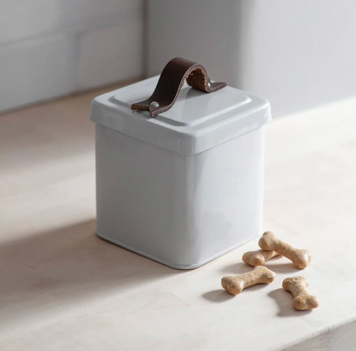 Pet Treat Tin With Leather Handle - Chalk White