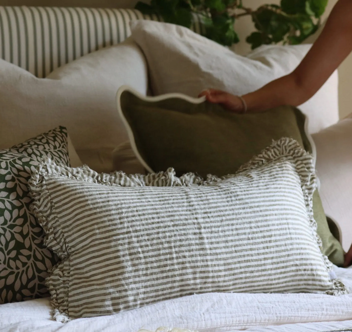 Ellenvale - Ruffled Linen Cushion Cover - Olive Green Stripe (30x50cm)
