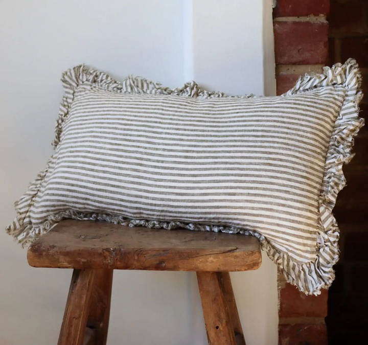 Ellenvale - Ruffled Linen Cushion Cover - Olive Green Stripe (30x50cm)