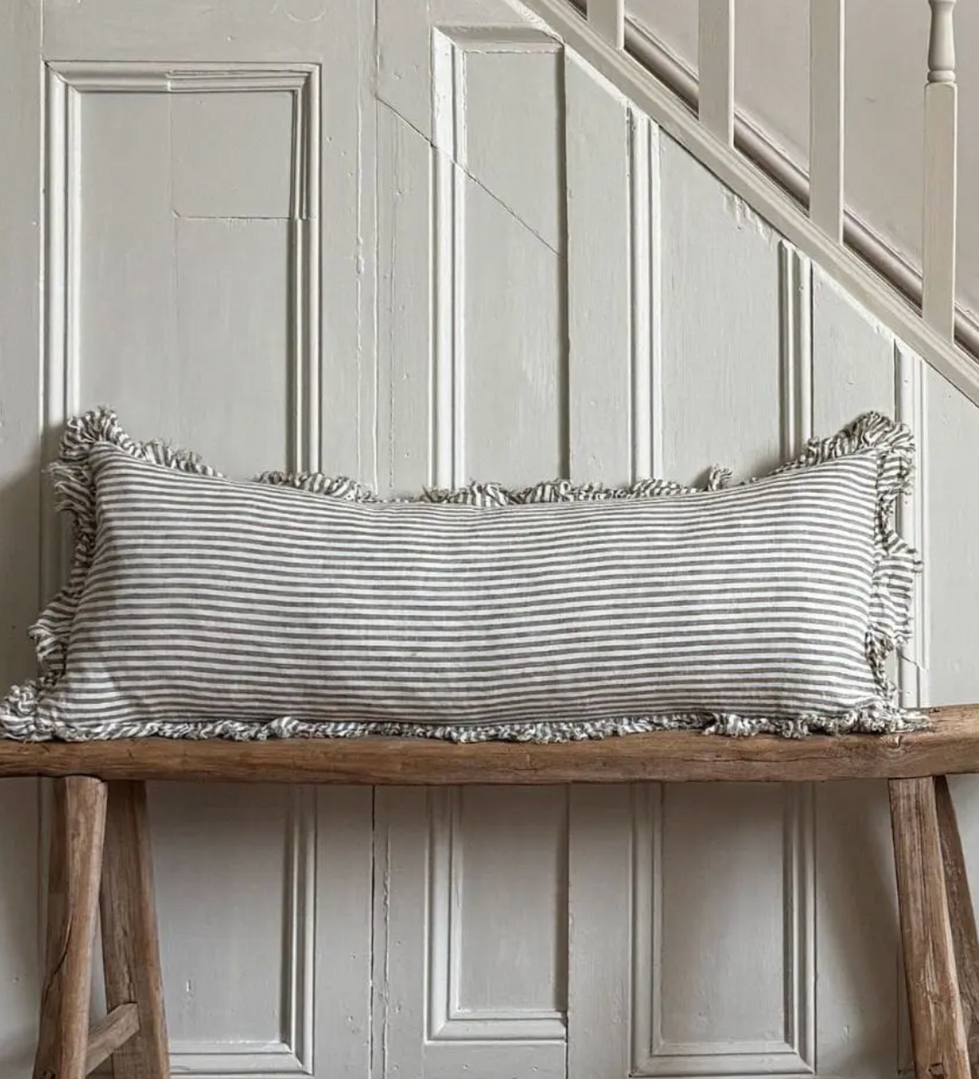 Ellenvale - Frayed Edge Linen Bolster Cushion Cover - Olive Stripe (80x30cm)