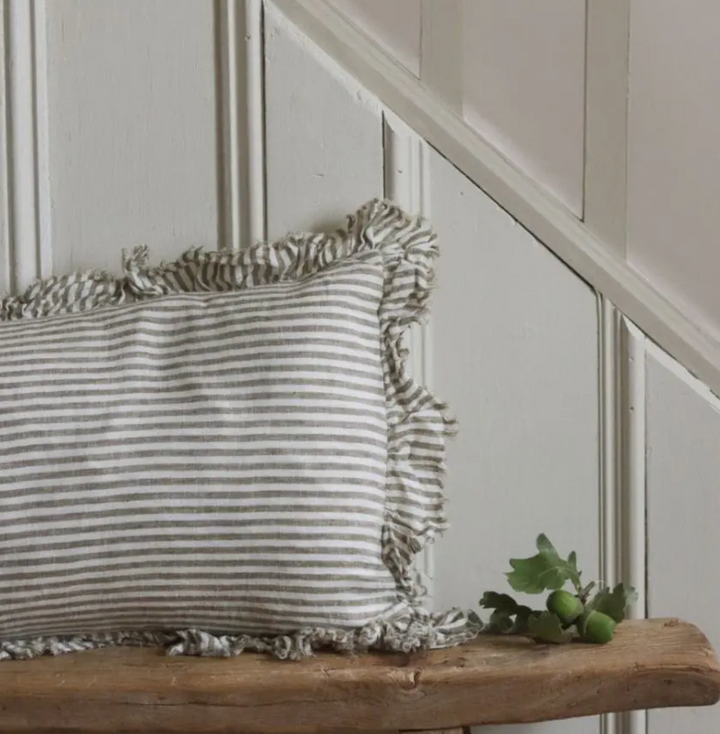 Ellenvale - Frayed Edge Linen Bolster Cushion Cover - Olive Stripe (80x30cm)