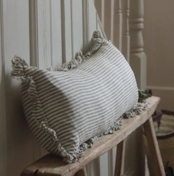 Ellenvale - Frayed Edge Linen Bolster Cushion Cover - Olive Stripe (80x30cm)