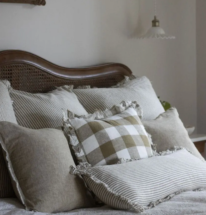 Ellenvale - Frayed Edge Linen Bolster Cushion Cover - Olive Stripe (80x30cm)