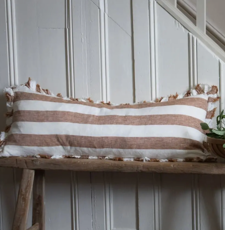Ellenvale - Ruffle Linen Bolster Cushion Cover - Rust Stripe (80x30cm)