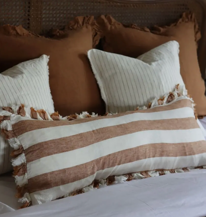 Ellenvale - Ruffle Linen Bolster Cushion Cover - Rust Stripe (80x30cm)