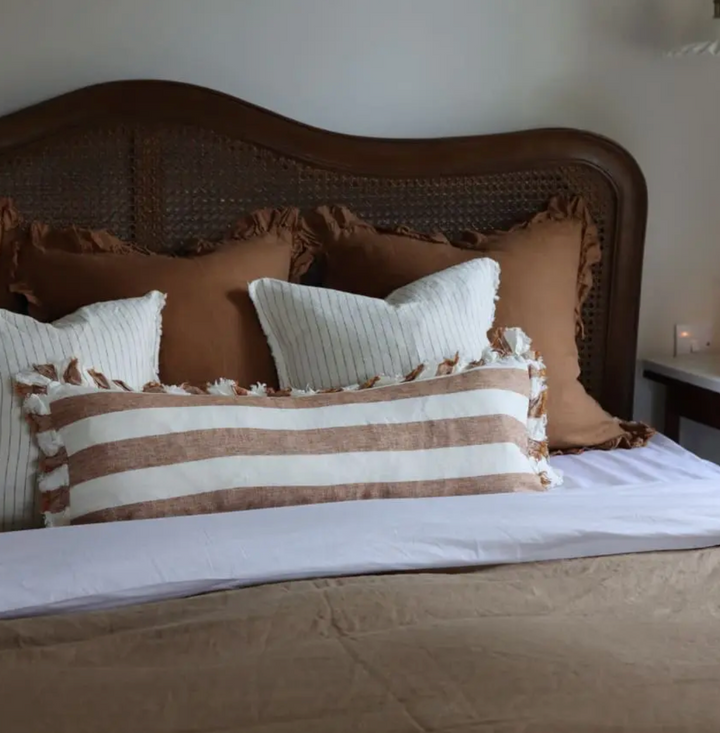 Ellenvale - Ruffle Linen Bolster Cushion Cover - Rust Stripe (80x30cm)