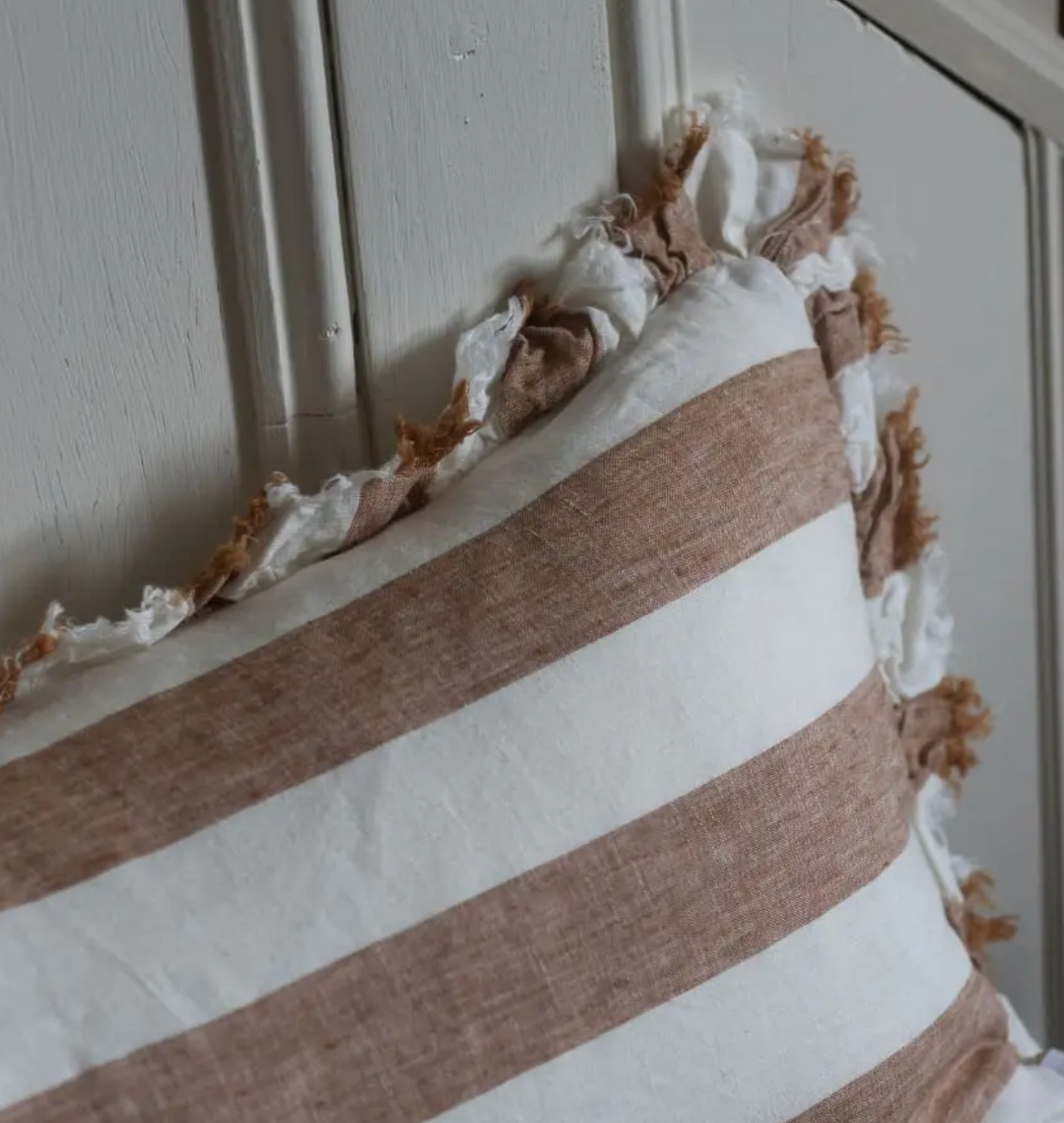 Ellenvale - Ruffle Linen Bolster Cushion Cover - Rust Stripe (80x30cm)