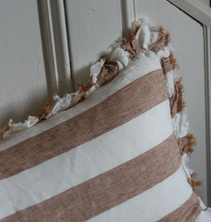 Ellenvale - Ruffle Linen Bolster Cushion Cover - Rust Stripe (80x30cm)