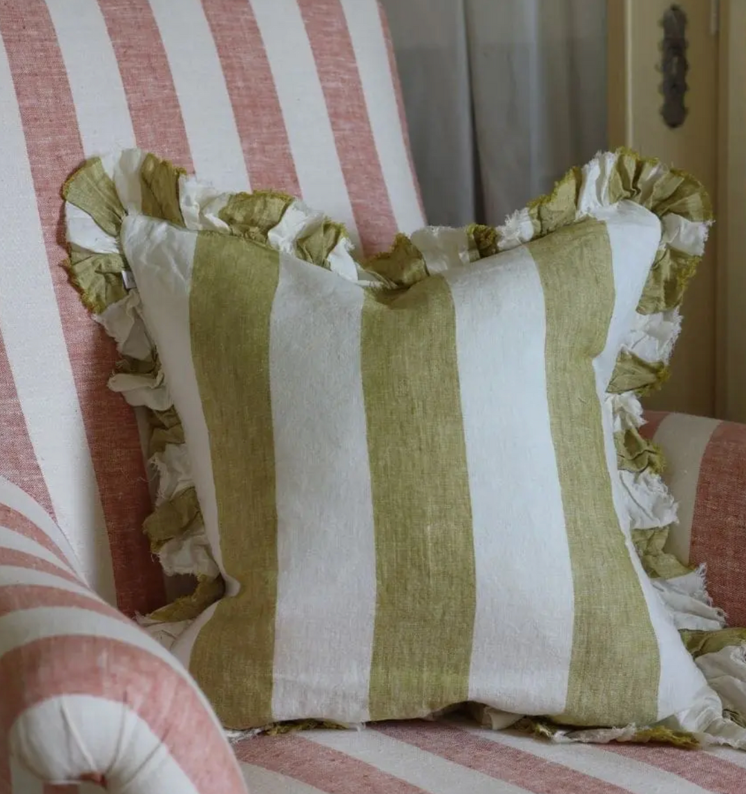 Ellenvale - Ruffled Linen Cushion Cover - Light Olive Wide Stripe