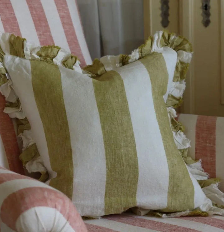 Ellenvale - Ruffled Linen Cushion Cover - Light Olive Wide Stripe