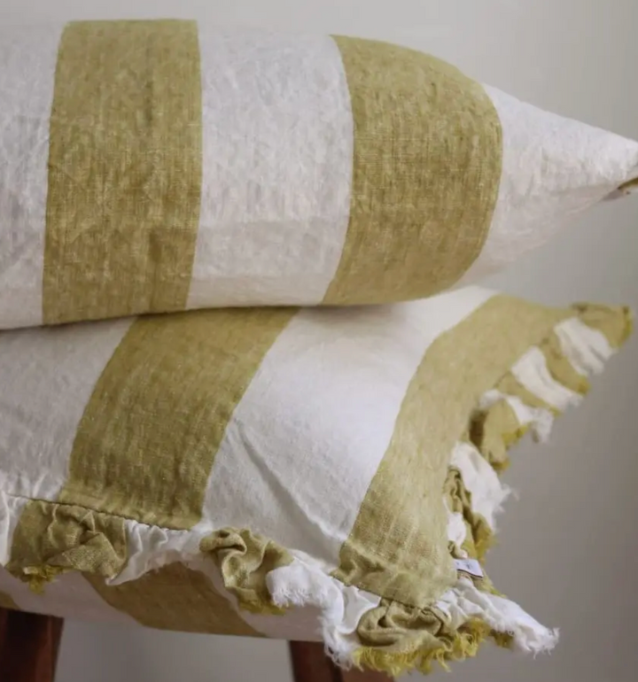 Ellenvale - Ruffled Linen Cushion Cover - Light Olive Wide Stripe
