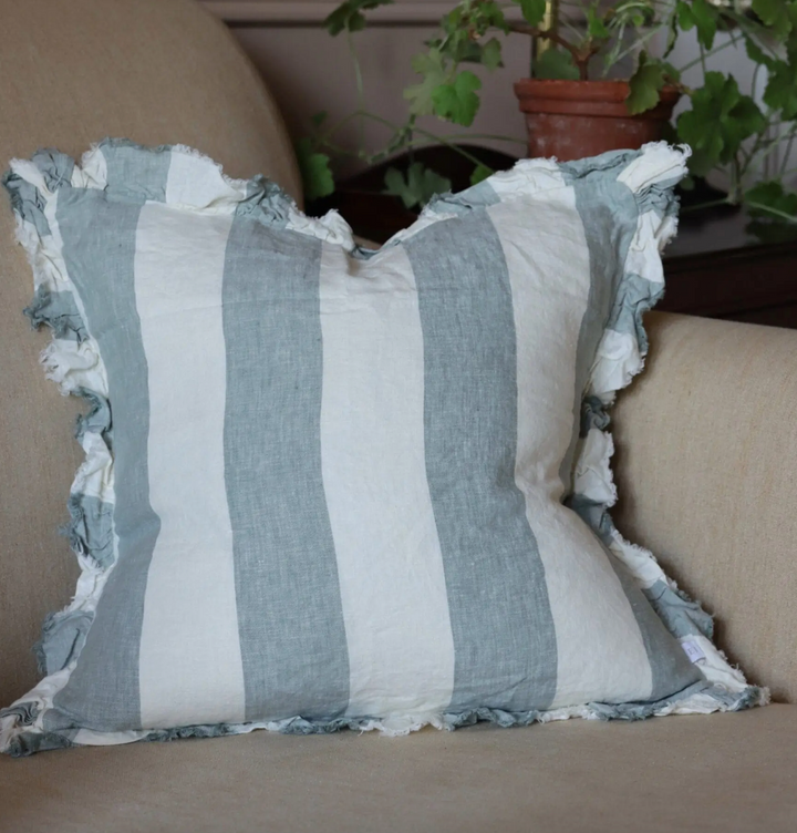 Ellenvale - Ruffled Linen Cushion Cover - Teal Wide Stripe