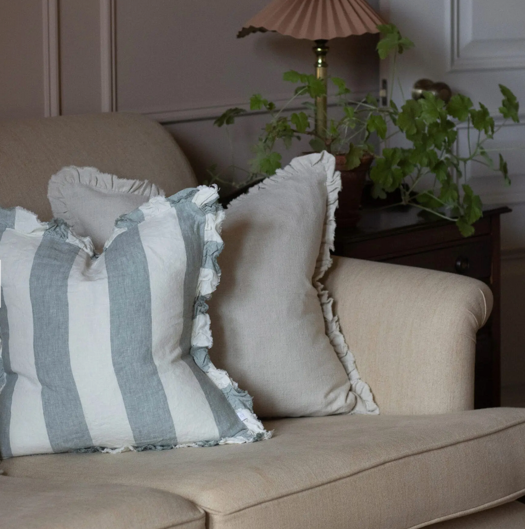 Ellenvale - Ruffled Linen Cushion Cover - Teal Wide Stripe
