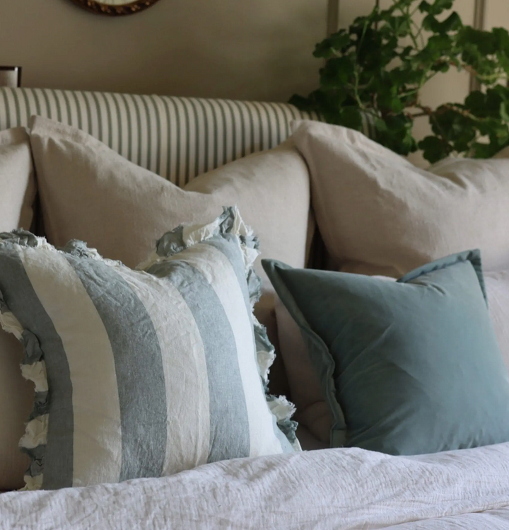 Ellenvale - Ruffled Linen Cushion Cover - Teal Wide Stripe