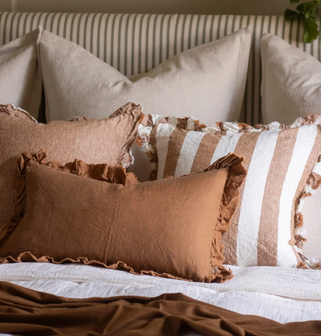 Ellenvale - Ruffled Linen Cushion Cover - Rust Wide Stripe