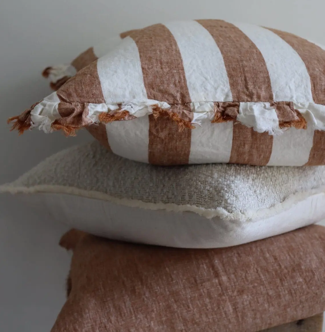 Ellenvale - Ruffled Linen Cushion Cover - Rust Wide Stripe