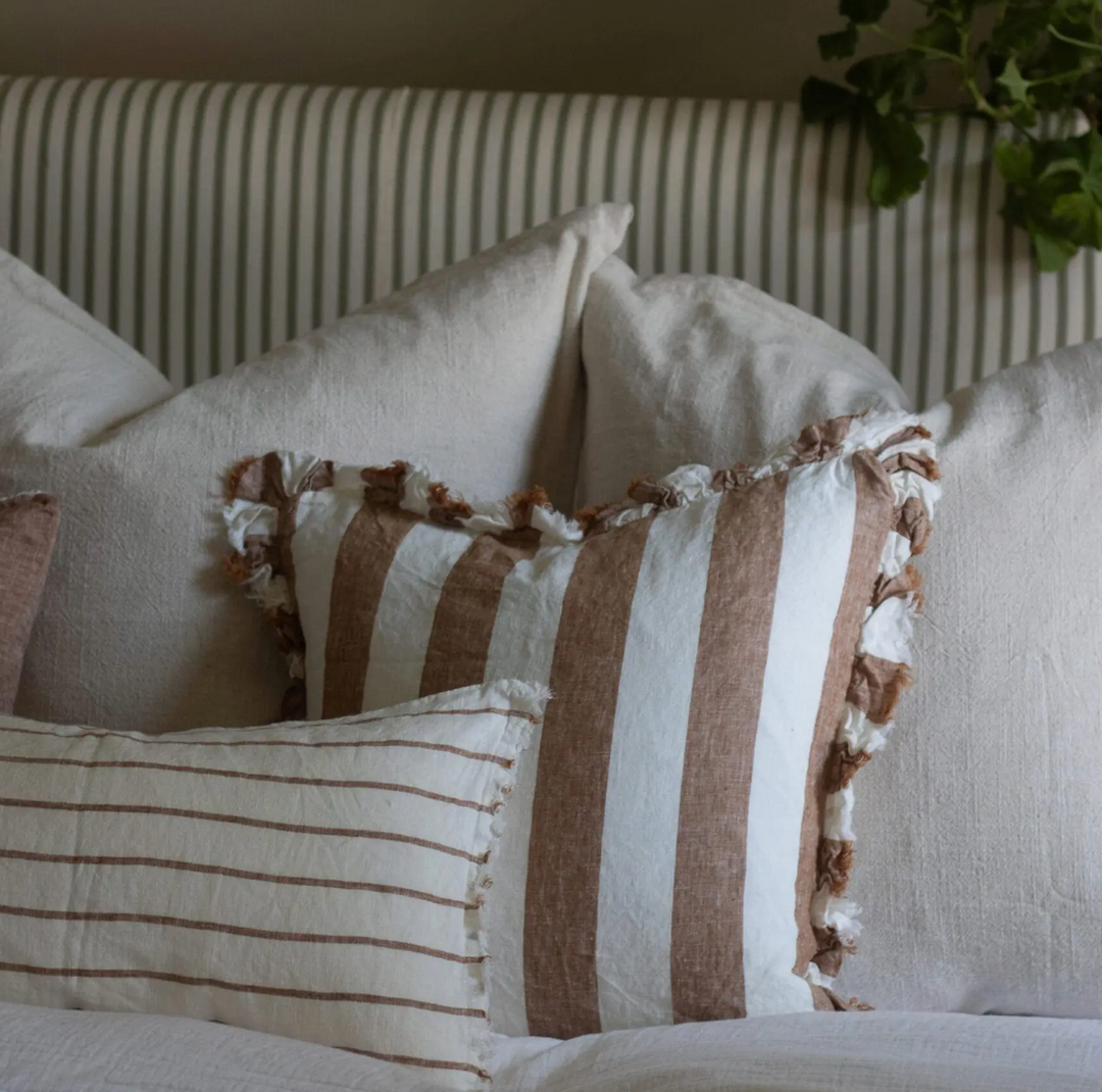 Ellenvale - Ruffled Linen Cushion Cover - Rust Wide Stripe