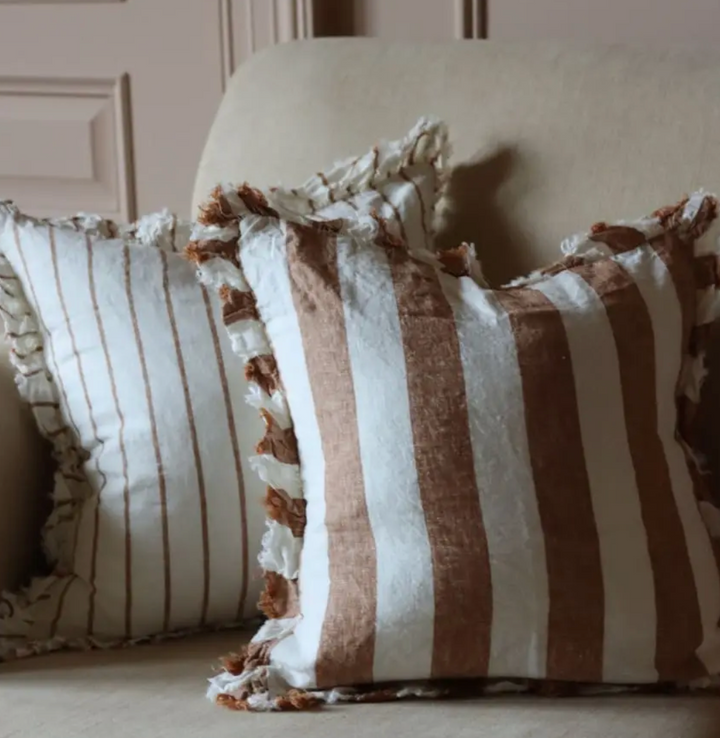 Ellenvale - Ruffled Linen Cushion Cover - Rust Wide Stripe