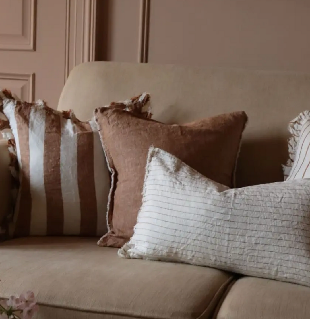 Ellenvale - Ruffled Linen Cushion Cover - Rust Wide Stripe