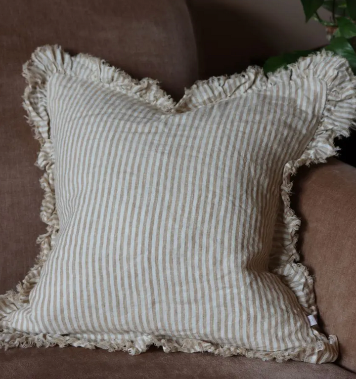 Ellenvale - Ruffled Linen Cushion Cover - Warm Brown Stripe