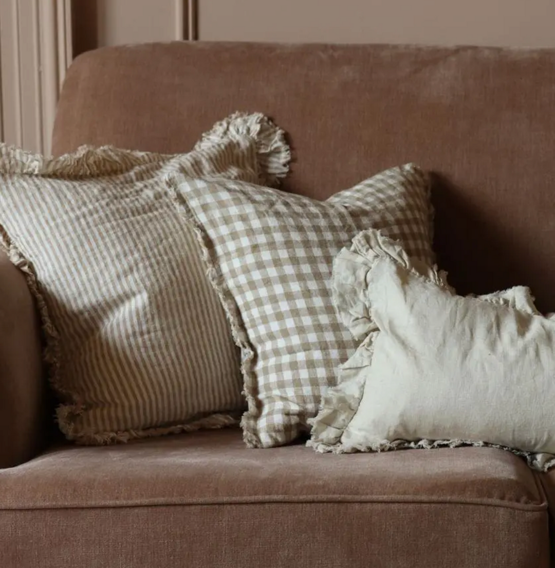 Ellenvale - Ruffled Linen Cushion Cover - Warm Brown Stripe