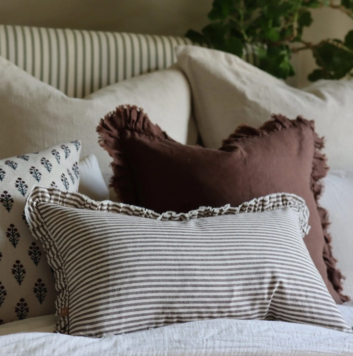 Ellenvale - Ruffled Linen Cushion Cover - Dark Brown Stripe (30x50cm)