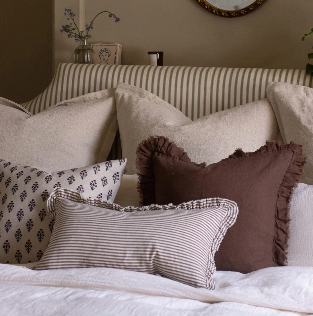 Ellenvale - Ruffled Linen Cushion Cover - Dark Brown Stripe (30x50cm)