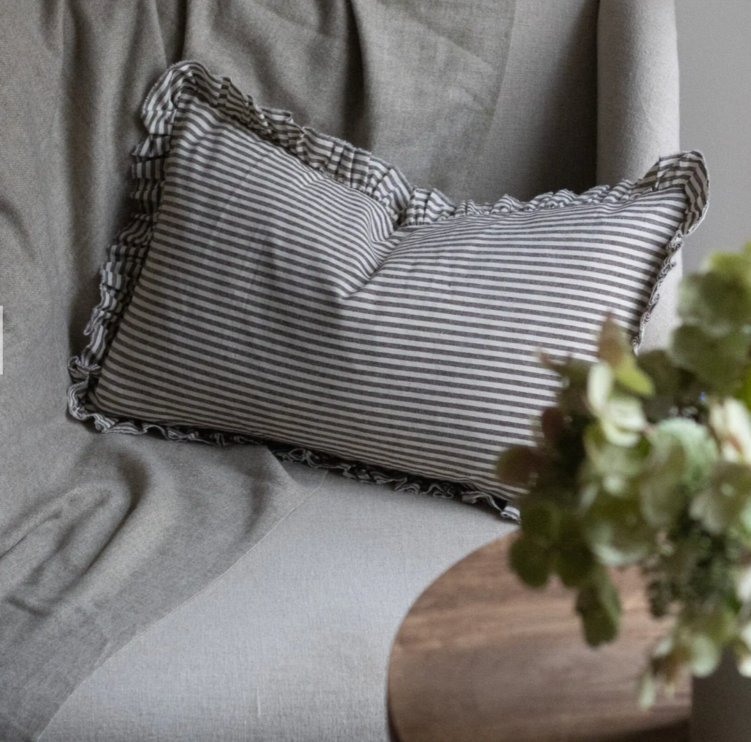 Ellenvale - Ruffled Linen Cushion Cover - Dark Brown Stripe (30x50cm)