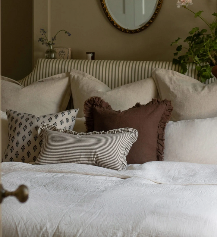 Ellenvale - Ruffled Linen Cushion Cover - Dark Brown Stripe (30x50cm)