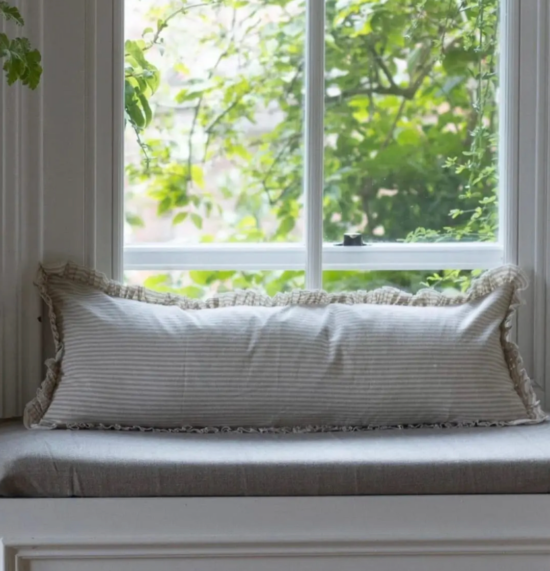 Ellenvale - Frayed Edge Bolster Cushion Cover - Beige Stripe (80x30cm)