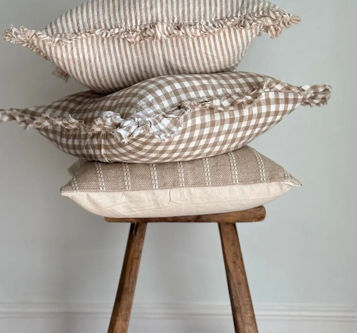 Ellenvale - Ruffled Linen Cushion Cover - Brown Gingham