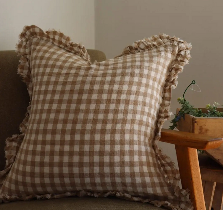Ellenvale - Ruffled Linen Cushion Cover - Brown Gingham