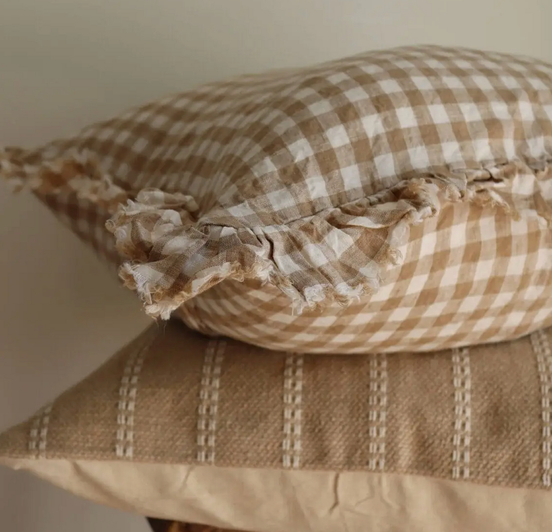 Ellenvale - Ruffled Linen Cushion Cover - Brown Gingham
