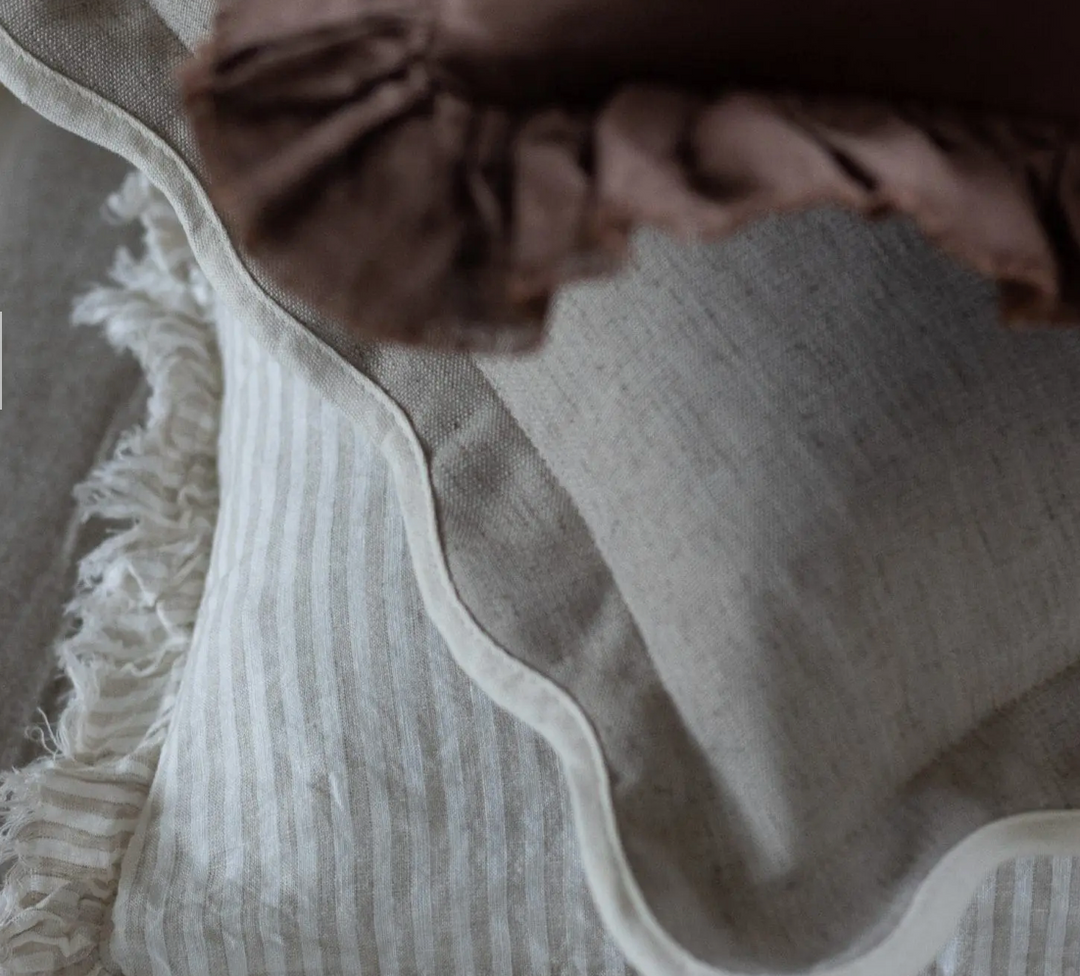 Ellenvale - Ruffled Linen Cushion Cover - Beige Stripe