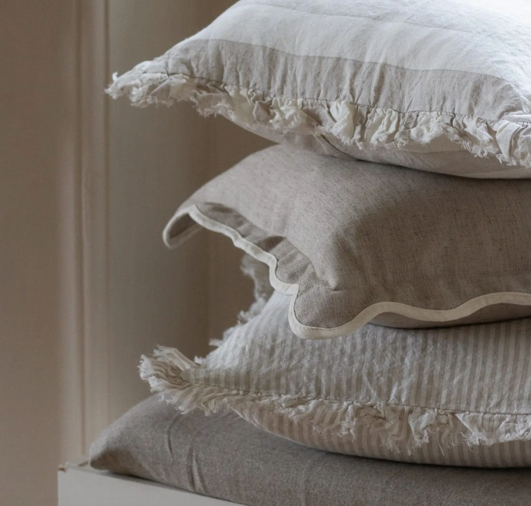 Ellenvale - Ruffled Linen Cushion Cover - Beige Stripe