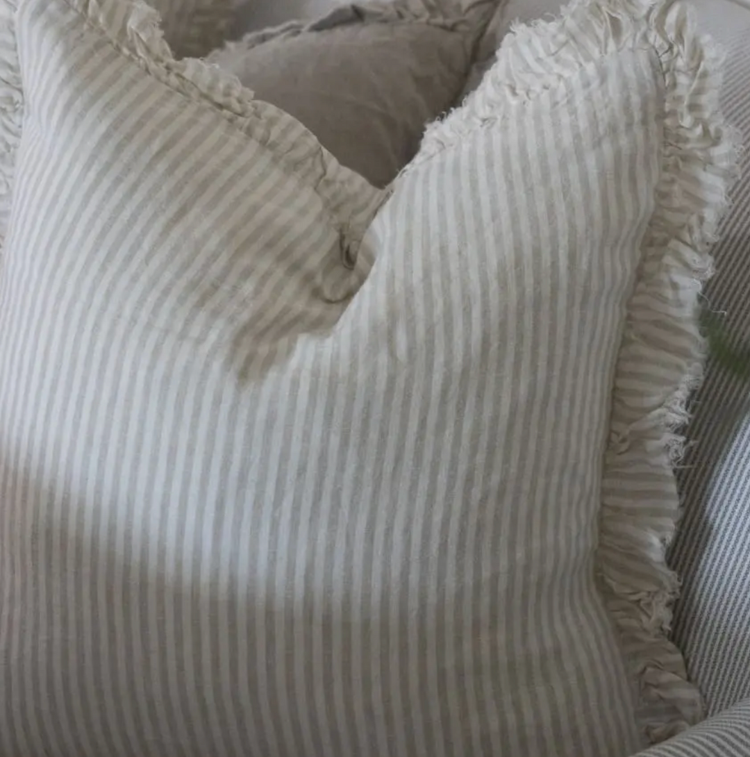 Ellenvale - Ruffled Linen Cushion Cover - Beige Stripe