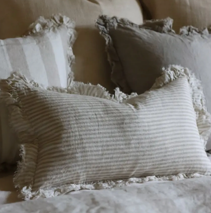 Ellenvale - Frayed Edge Linen Cushion Cover - Beige Stripe